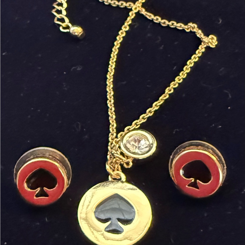 Kate Spade Gold and Black Spade enamel Pendant Necklace and Earring Set